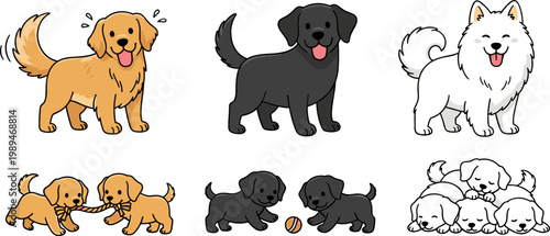 Collection of Dog and Puppy Designs, Featuring Different Breeds, Playful Poses, and Family Interactions