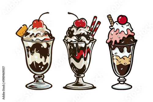 Three ice cream sundaes with whipped cream, chocolate syrup, cherries, and wafers, in sketch style on white background, concept of dessert variety