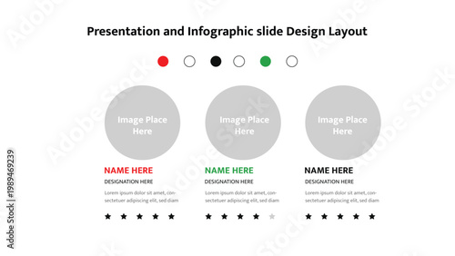 Team presentation slide layout with individual image placeholders and five star rating system