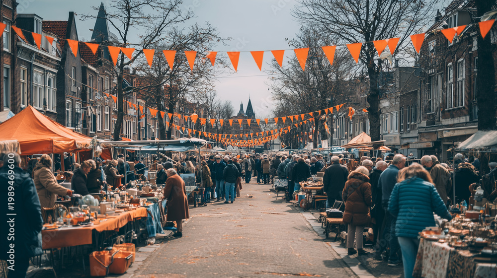 Obraz premium Street market during Kings Day in Netherlands with orange decorations and crowd shopping at outdoor flea market