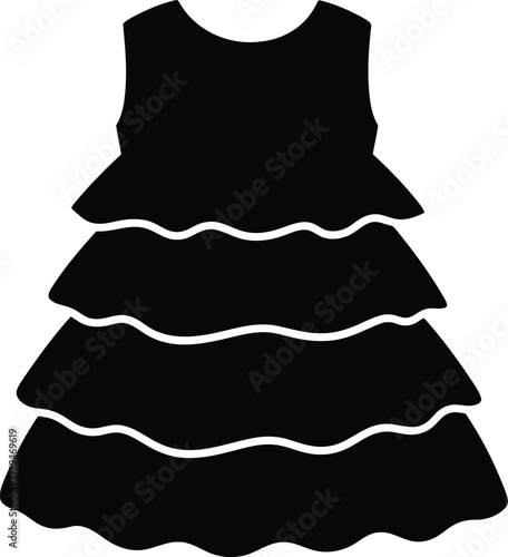 Elegant black tiered dress with scalloped hemline and fitted bodice silhouette