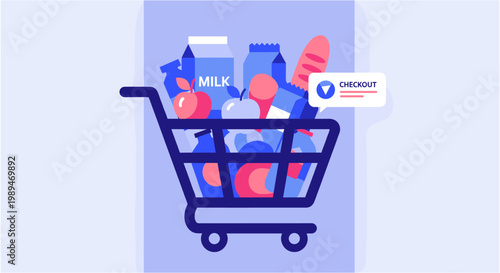 Online grocery shopping with a cart full of food