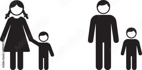 Black minimalist silhouette icon featuring a mother holding her son's hand and a father standing beside his small son for family concept