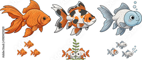 Collection of Goldfish Designs, Featuring Different Poses, Colors, and Playful Family Interactions