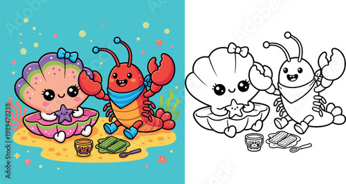Cute Cartoon Clam and Lobster Friends Sea Adventure Illustration coloring page