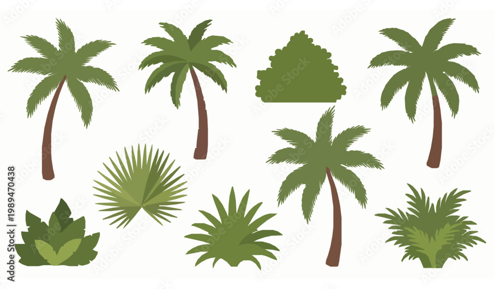 Naklejka premium Tropical palm trees and jungle plants flat vector set exotic green flora collection for design isolated on white