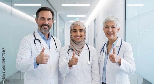 Diverse Medical Team Doctors Thumbs Up Hospital Corridor Success