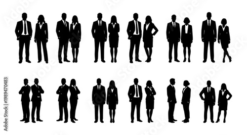 Business team silhouettes standing in groups, Large set of male and female business silhouettes standing together for corporate team, workforce, and office concepts.