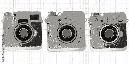 Three vintage cameras illustrated in a distressed grayscale aesthetic