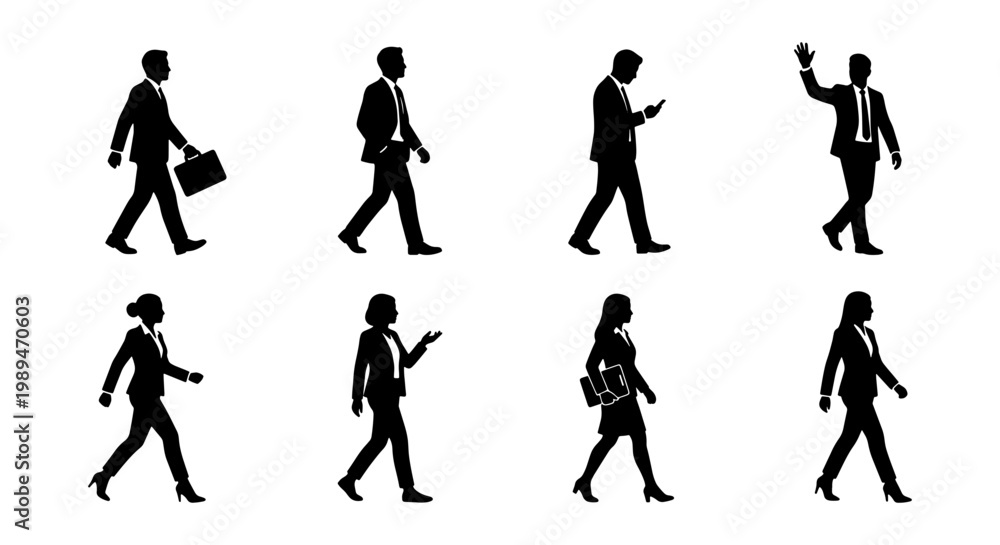 Fototapeta premium Business people walking silhouettes with briefcases, Set of male and female business silhouettes walking, carrying briefcases, and using phones for corporate commuting and workplace concepts.