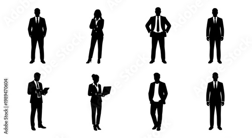 Business people silhouettes standing in formal poses, Set of male and female business silhouettes standing, gesturing, and using tablets for corporate workplace and professional identity concepts.