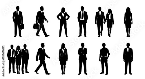 Business people silhouettes in workplace posesSet of male and female business silhouettes standing, walking, posing, and carrying bags for corporate workplace concepts.