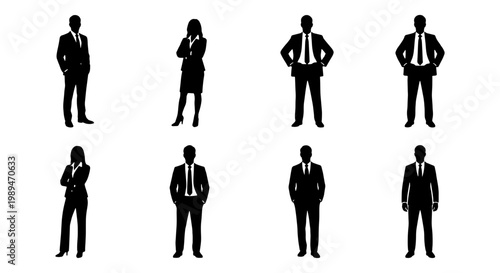Business people silhouettes standing in formal poses, Set of male and female business silhouettes standing confidently for corporate team, office staff, and workplace identity concepts.