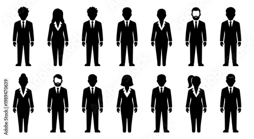 Business team silhouettes in formal suits, Set of male and female business silhouettes standing in formal clothing for corporate teams, staff profiles, and workplace concepts.