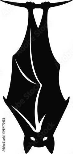 Silhouette of a bat hanging upside down isolated on white background.