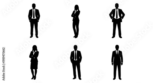 Business people silhouettes standing in office poses, Set of male and female business silhouettes standing confidently for corporate identity, office staff, and workplace concept designs.