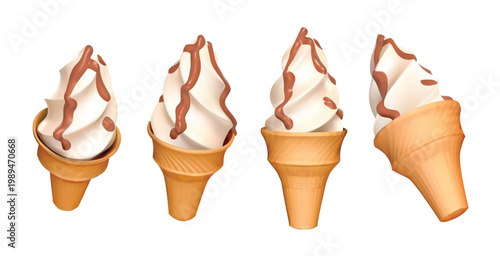 Vanilla Soft Serve Ice Cream with Chocolate Drizzle isolated isometric 3D vector icon from different angles render illustration