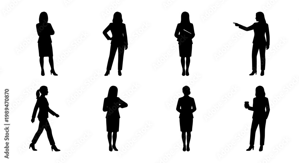 Fototapeta premium Women silhouette standing pose icon set, Black silhouette icons of women in different standing, walking, and gesturing poses, representing lifestyle, confidence, fashion, business, and social interact