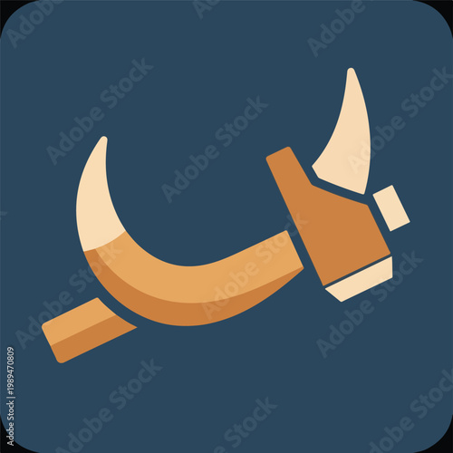 Stylized graphic icon featuring a curved sickle and hammer tool illustration.