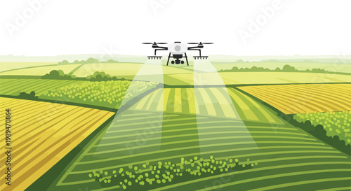 Drone flying over a vibrant agricultural field with varying crop patterns and colors in a sunny landscape.