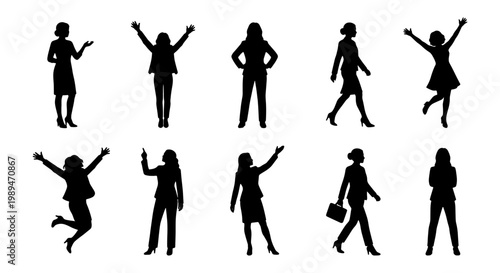 Women silhouette poses and movement icon set, Black silhouette icons of women in standing, walking, jumping, and gesturing poses, showing confidence, lifestyle, motion, business, and expression.