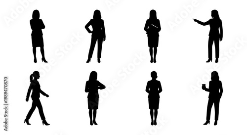 Women silhouette standing pose icon set, Black silhouette icons of women in different standing, walking, and gesturing poses, representing lifestyle, confidence, fashion, business, and social interact