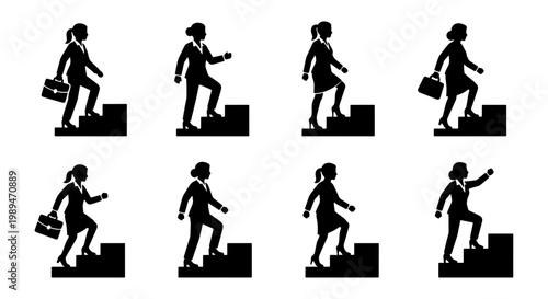 People climbing stairs silhouette icon set, Black silhouette icons of people walking up stairs in different poses, representing career progress, success, goals, growth, and personal development.