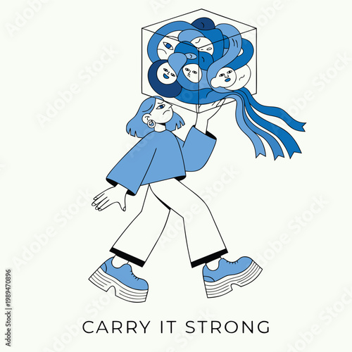Conceptual illustration of character carrying heavy transparent cube of emotions with carry it strong text