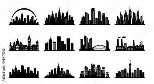 Urban skyline silhouette icons collection, Black silhouette icons of different city skylines and landmarks, illustrating urban architecture, downtown districts, metropolitan views, and modern city dev