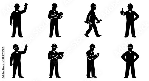 Construction worker silhouette icons collection, Black silhouette icons of construction workers in various poses with tools and helmets, representing labor, safety, maintenance, and industry jobs.
