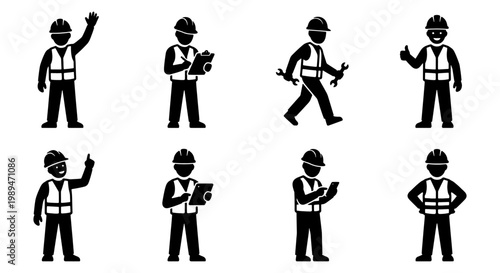 Construction workers silhouette icon collection, Black silhouette icons of construction workers in different poses with tools and safety helmets, illustrating labor, industry, maintenance, and job rol