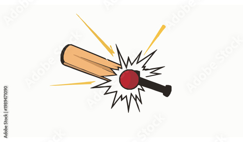 Cartoon cricket bat and ball with explosive speed trail fun sports vector illustration