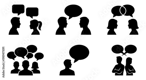 Communication icons with people silhouettes, Black silhouette icons of people talking with speech bubbles, showing dialogue, group discussion, social communication, and business interaction concepts.