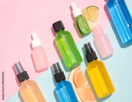 Colorful Cosmetic Skincare Bottles With Citrus Fruit Slices On Pink And Blue Pastel Background Flat Lay Top View Arrangement With Hard Shadows