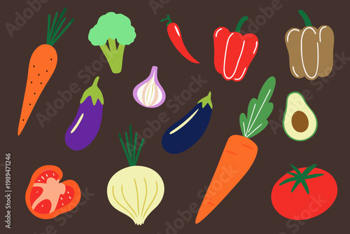 Colorful assortment of fresh vegetables and produce in a flat lay style