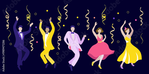 People celebrating with raised arms amidst confetti and festive streamers