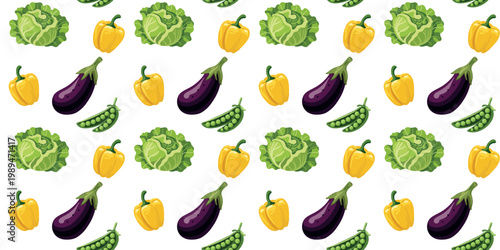 cabbage yellow pepper eggplant green peas seamless pattern