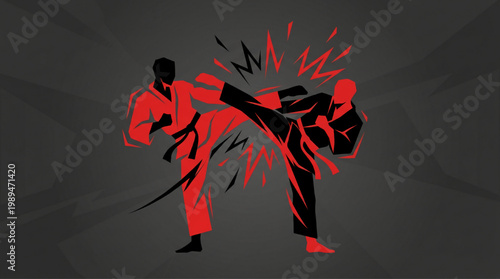 Martial Arts Combat Dynamic Action Silhouette.