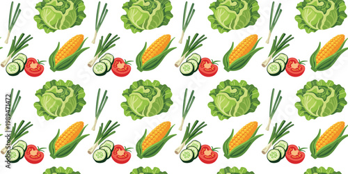 corn cabbage tomato green onion seamless pattern