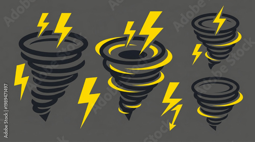 Set of Tornadoes and Lightning Bolts Icons.