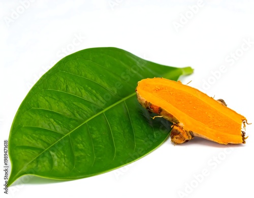 Fresh Raw Turmeric Root Slice With Vibrant Green Leaf Isolated On White Background Studio Shot Macro Detail Of Orange Curcuma Longa Spice Ingredient