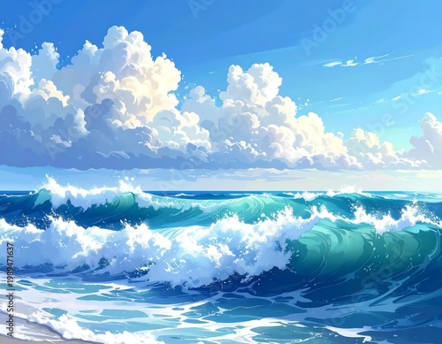 Anime Style Ocean Waves Under A Bright Blue With Massive White Cumulus Clouds In A Vibrant Summer Landscape Illustration