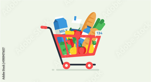 A red shopping cart filled with various grocery items