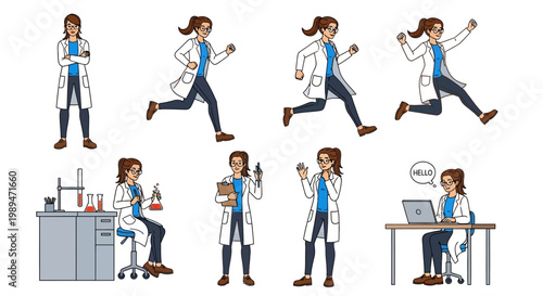 Scientist Woman Character Collection Diverse Poses Actions.