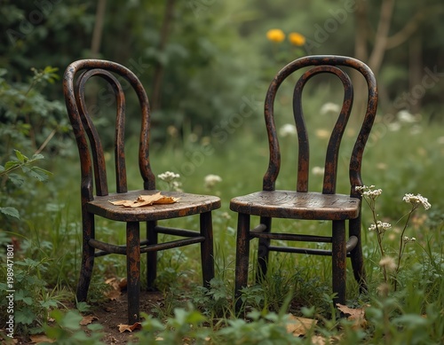 Two old wooden chairs sit abandoned in overgrown nature. The seats are worn, with leaves on one. These chairs evoke thoughts of lost times and decay in a wild setting.