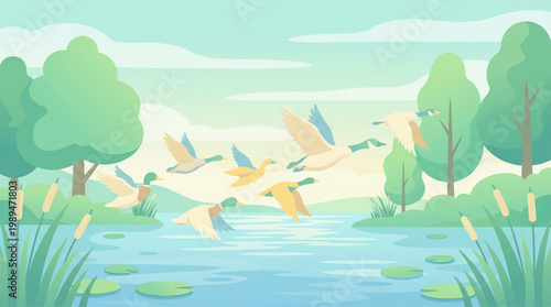 Flock of Geese Flying Over Calm Water.