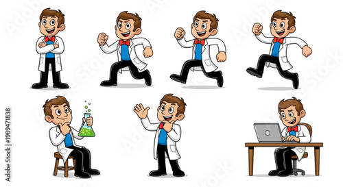 Cartoon Scientist Character Set With Multiple Poses.