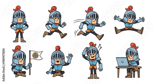Cartoon Knight Character Set Various Poses.