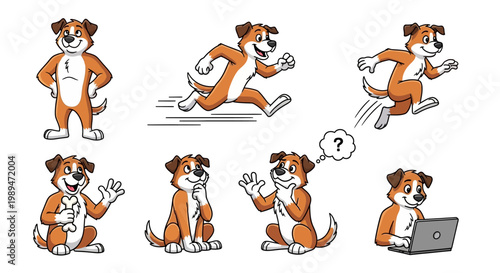 Set of cartoon dog character illustrations in various poses.