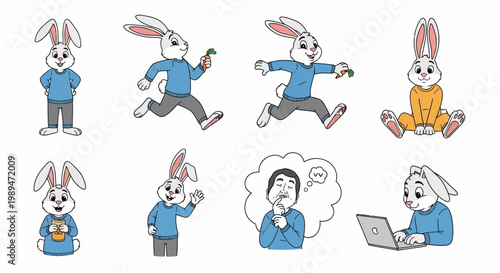 Collection of Cute Cartoon Bunny Rabbit Characters in Various Poses.